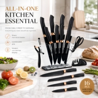 Ensemble de couteaux de cuisine professionnels en acier inoxydable 16 pièces, bloc à couteaux, lames antiadhésives, aiguiseur ambidextre, design moderne