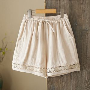 Women's Cotton Linen Shorts Elastic Waist Lace Trim Casual Summer Wide Leg Pants Breathable Khaki Hemp Black Coffee Yellow - Product Image 1