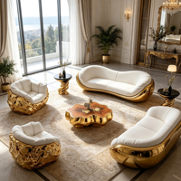 Ensemble canapé et fauteuil incurvé en fibre de verre dorée martelée, revêtement capitonné blanc, pour usage domestique de luxe
