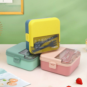 1100ML square Lunch Box <b>Plastic</b> Crisper Microwavable Bento Box with Cutlery <b>Kitchen</b> Boxes for Food Storages - Product Image 1
