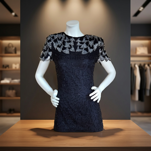 Robe de soirée noire de haute qualité à col rond, brodée de fleurs et perlée, en tulle, coupe droite, longueur genou - Product Image 6