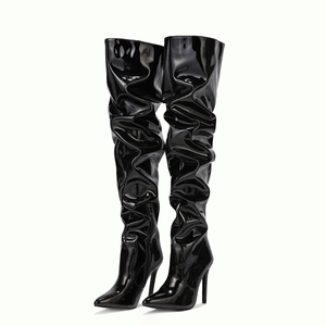 Nuevas Botas Elásticas hasta la Rodilla 2023, Otoño e Invierno, Estilo Europeo y Americano, de Charol Puntiagudo, con Cremallera Negra, Delgadas - Product Image 6