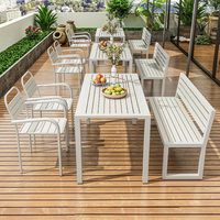 Ensemble table et chaises d'extérieur, design nordique, cadre en fer forgé blanc, table longue, montage facile, pour jardin, terrasse, cour