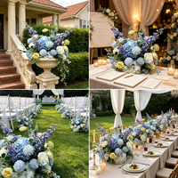 Realistich blauw wit geel roos hortensia delphinium kunstbloemenarrangement hoge zwarte vaas bruiloftstafel