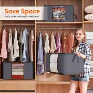 Sac de rangement multifonctionnel pour placard, 90L, lot de 2, poignée renforcée, grande capacité, pliable, non tissé, gris/noir - Product Image 5
