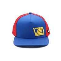 Casquette de baseball personnalisée à 5 panneaux avec patch en caoutchouc, logo brodé 3D, découpe laser, trous perforés, deux couleurs rouge/bleu marine