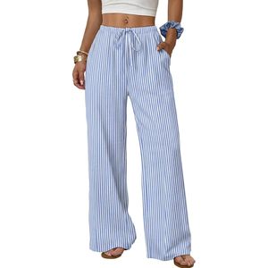 Women's Linen Palazzo Pants Wide Leg High Waist <b>Flowy</b> Beach Trousers With Pockets Summer Breathable Long Pants - Product Image 1