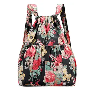 Whole sale extra large fashion nylon fabric logo print items packing drawstring bag with pocket