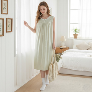Chemise de nuit personnalisée sans manches en jacquard cœur pour femme, tenue d'intérieur tricotée d'été, robe de nuit respirante en mélange de coton pour dames - Product Image 1