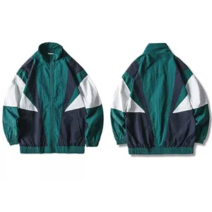 Men Autumn Casual Retro Waterproof Windbreaker Breathable Wrinkled Polyester Color Block Patchwork Zip Up Track Jacket