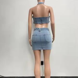 Nouvel ensemble en jean pour femme de haute qualité, crop top sexy et mini-jupe trapèze en denim délavé à l'acide, ensemble deux pièces - Product Image 6