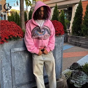 Sweat à capuche rose en polaire entièrement zippé avec motif graphique aérographe personnalisé, coupe oversize, effet vintage délavé, streetwear, manches raglan usées - Product Image 1