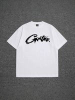 T-shirt blanc graphique pour homme, col rond, manches courtes, coupe classique, imprimé, 100 % coton jersey respirant, style streetwear, 250 g, fabriqué en Chine