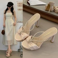 Mules à plateforme en satin avec nœud en strass, talon aiguille, bout ouvert, couleur nude, logo personnalisé, chaussures de mariage et de soirée, OEM ODM, vente en gros