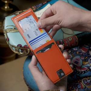 For Unisex Short Slim Bifold RFID Blocking Aluminum Leather Polyester Credit Card Holder <b>Open</b> Closure Portable Pop-<b>Up</b> Design - Product Image 1