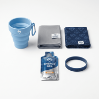 Kit d'Équipement Personnalisé pour Événements : Station d'Assistance avec Gobelet Pliable, Serviette Rafraîchissante, Cache-cou, Pochette Énergétique et Bracelet