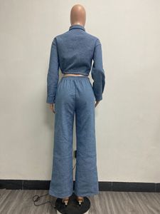 Completi in Denim di Alta Qualità per Donne, Top a Maniche Lunghe con Coulisse e Pantaloni Lunghi, Set Due Pezzi in Denim per Donne - Product Image 3