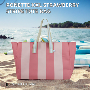 Sac de plage en toile rayée XXL rose et bleu clair avec poignées et poches pour les voyages en famille - Product Image 2