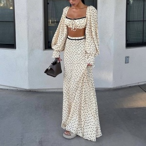 Custom Polka Dot 2 Piece <b>Set</b> <b>Square</b> Neck Puff Sleeve Front Tie Crop Top High Waist Split Maxi Skirt Vacation Matching Co Ord - Product Image 2