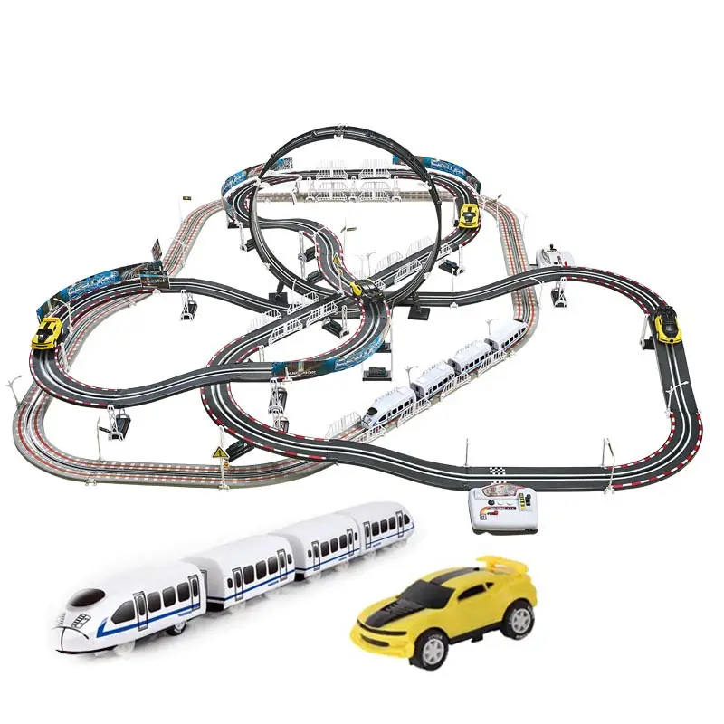 Double Remote Control Racing Track Toy Lighting 360D Stunt Speed Railway Play Game with Train&Car