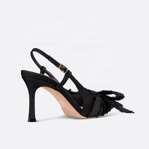 Zapatos de tacón de aguja con correa trasera de perlas para mujer, sandalias de vestir con lazo y punta fina de tela vaquera para oficina - Product Image 5
