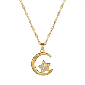 Diamond Wholesale Hot Sale Gold Plated Stainless Steel Inlaid Diamond Star Moon Pendant Necklace Jewelry For Women