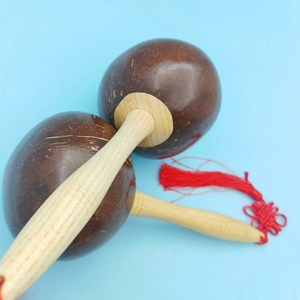 Wholesale Natural Coconut Shell Maracas Wooden Handle Sand Shaker With Chinese Knot For Kids performance - Product Image 2
