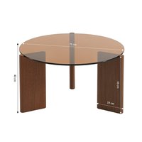 Table basse ronde moderne en verre trempé caramel avec pieds en MDF plaqué noyer, design vintage années 70, montage facile pour salon