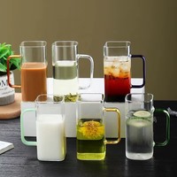 Vaso de Agua Cuadrado de Vidrio para el Hogar con Asa de Color, Taza de Vidrio de Borosilicato de Alta Resistencia al Calor para Restaurante o Regalo