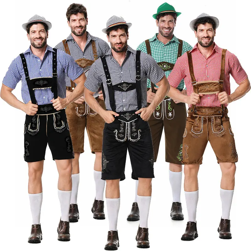 Men Costumes Clothing Adults Oktoberfest German Bavarian Shorts Outfit Overalls Shirt Hat Suspenders Short Set