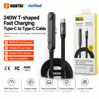 Kabel Pengisian Cepat USB C ke USB C 240W dengan Penyangga Ponsel Lipat, Kabel Tipe-C Kepang Berbentuk T untuk iPhone Samsung, iPad & Tablet