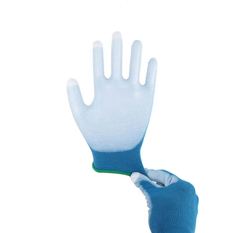 15G Screen Touch Blue Nylon White Nylon Safety Gloves PU Finger Glove