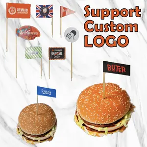 Decoración desechable de grado alimenticio postre sándwich pastel logotipo personalizado hamburguesa palo cóctel palillo bandera