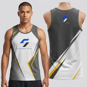 Camiseta sin mangas Storm Fit para hombre, con estampado por transferencia térmica, 100% poliéster, de secado rápido, cuello redondo, para entrenamiento, gimnasio, ropa deportiva, 180g - Product Image 1