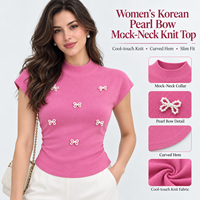 Pull court en maille pour femme, style coréen, avec nœud en perles, manches courtes, ourlet incurvé, coupe ajustée, froncé sur les côtés, vente en gros OEM ODM