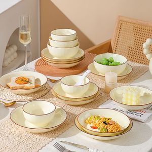 Factory Direct China Porcelain Tableware Cream-Colored Red-Rimmed Large Dinnerware <b>Set</b> <b>Microwave</b> & Dishwasher Safe Eco-Friendly - Product Image 2