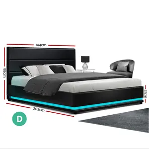 LED Headboard Double Full Size Gas Lift Base Storage Black Leather Bed Frame Queen