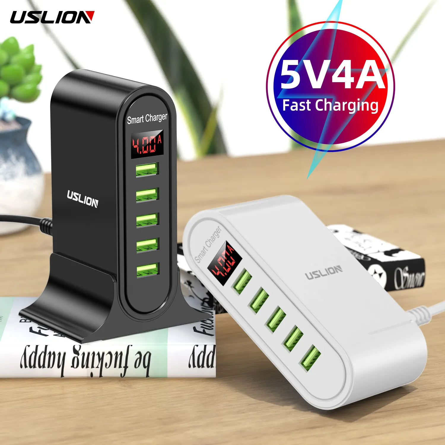USLION 20W 5 Port USB Charger LED Display Multi USB Charging Station Universal Phone Desktop Wall Home EU US UK Plug For Xiaomi