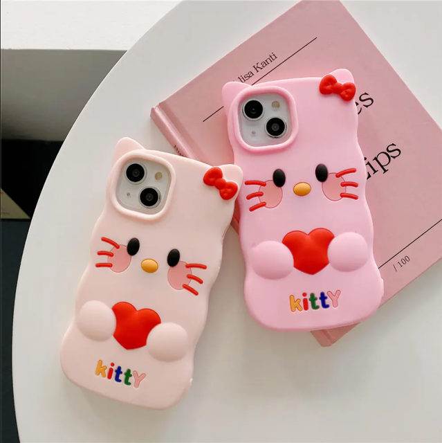 3D Cute Kitty Cat Cartoon Silicone Mobile Cell Phone Back Cover Case for Girl Iphone 6 7 8 Plus X XS XR 11 12 13 14 15 Pro MAX