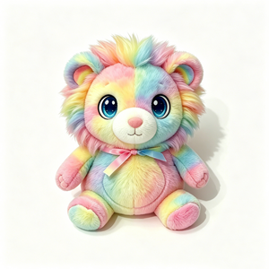 León de peluche personalizado, gordo y sentado, con degradado de colores pastel, crin multicolor esponjosa y lazo de cinta de satén - Product Image 3