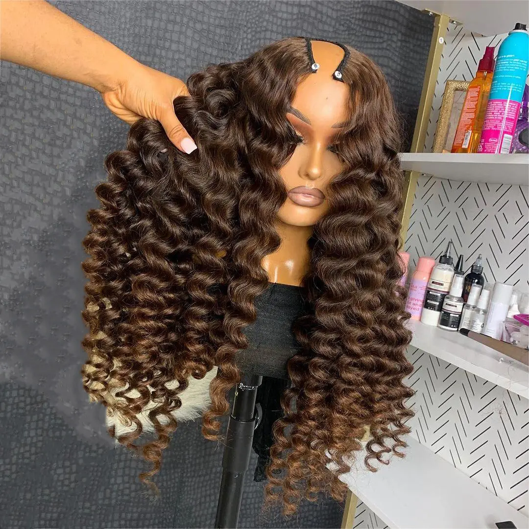 Cheap Loose Wave U-part Wigs For Black Women Colored Brown Deep Curly Wave V-part Gluessless Vietnam Brazilian Hair Body wave