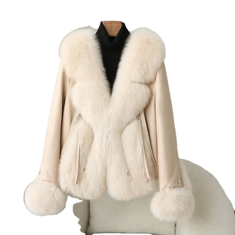 Lady Women Genuine Leather Fox Fur Warm Jacket Female Goose Down Filling Winter Coat Sheep Skin Overcoat JT3471