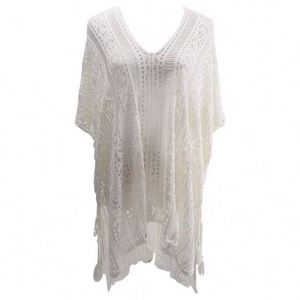 Bikini de una sola manga con cuello en V para vacaciones, tipo smock, con diseño calado y flores, abrigo playero estampado, suelto, largo, tipo jersey, 100% poliéster, transpirable. - Product Image 1