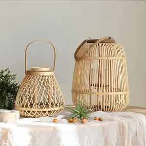 SWT Hot Selling Home Deco Craft Natural Vintage Country Style Handmade Rattan Weaving Storm Lantern Bamboo Candle Lantern