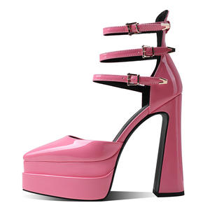 Sandales de luxe avec logo personnalisé pour femmes, chaussures à talons épais, chaussures de fête en cuir verni, talons à plateforme personnalisés pour femmes, 2024 - Product Image 6