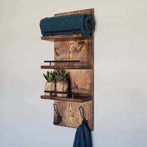 Mensola Galleggiante Rustica in Legno Massello, Organizzatore per Posta e Chiavi da Parete, Porta Posta a 2 Scomparti in Stile Rustico - Product Image 3