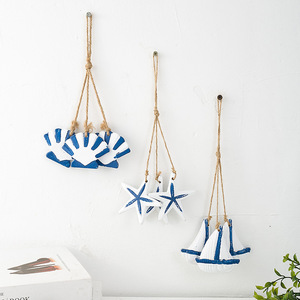 Mediterranean Style Seashell Starfish Sailboat <b>Wall</b> Hanging Home <b>Decor</b> Irregular Shape Wooden Ornament - Product Image 2