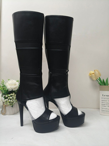Botas de moda para mujer con plataforma y tacón de aguja, estilo gladiador, con punta abierta y recortes, hasta la rodilla - Product Image 3