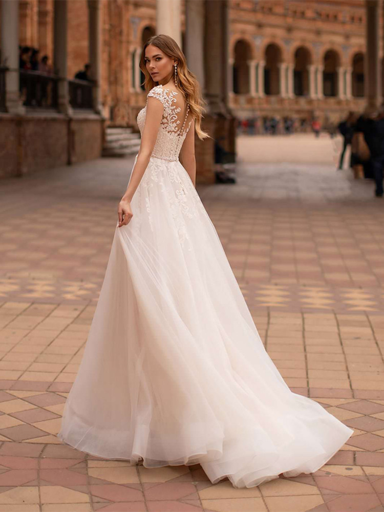 13145 Elegant A-line Wedding Dress With Cap Sleeves, Illusion Back & Sweep Train