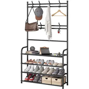 Durable Coat Rack for Entryway Freestanding with 4-Tier Storage Shelves and 8 Double Hooks Multi-Functional Coat Stand
